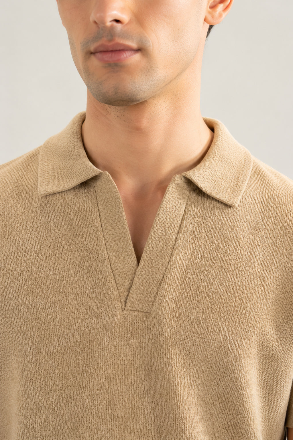 Textured Sand Beige Mesh Thermal Knit Polo - Smart Fit - Men - Men