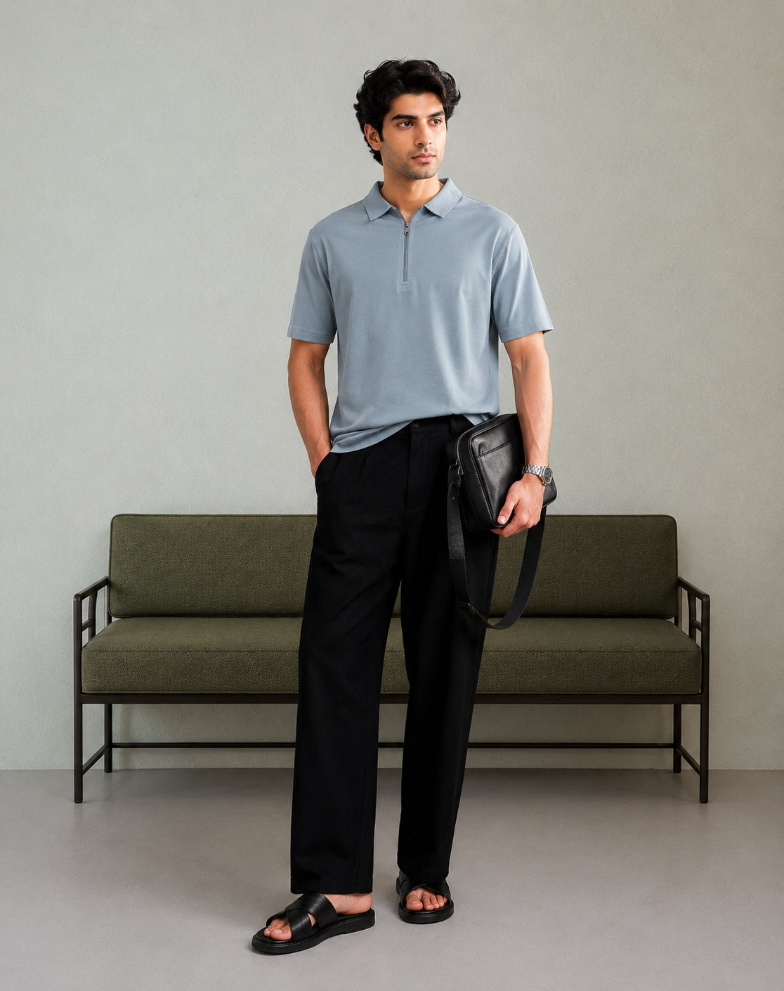Sky Blue Basic Zipper Polo - Smart Fit- Men
