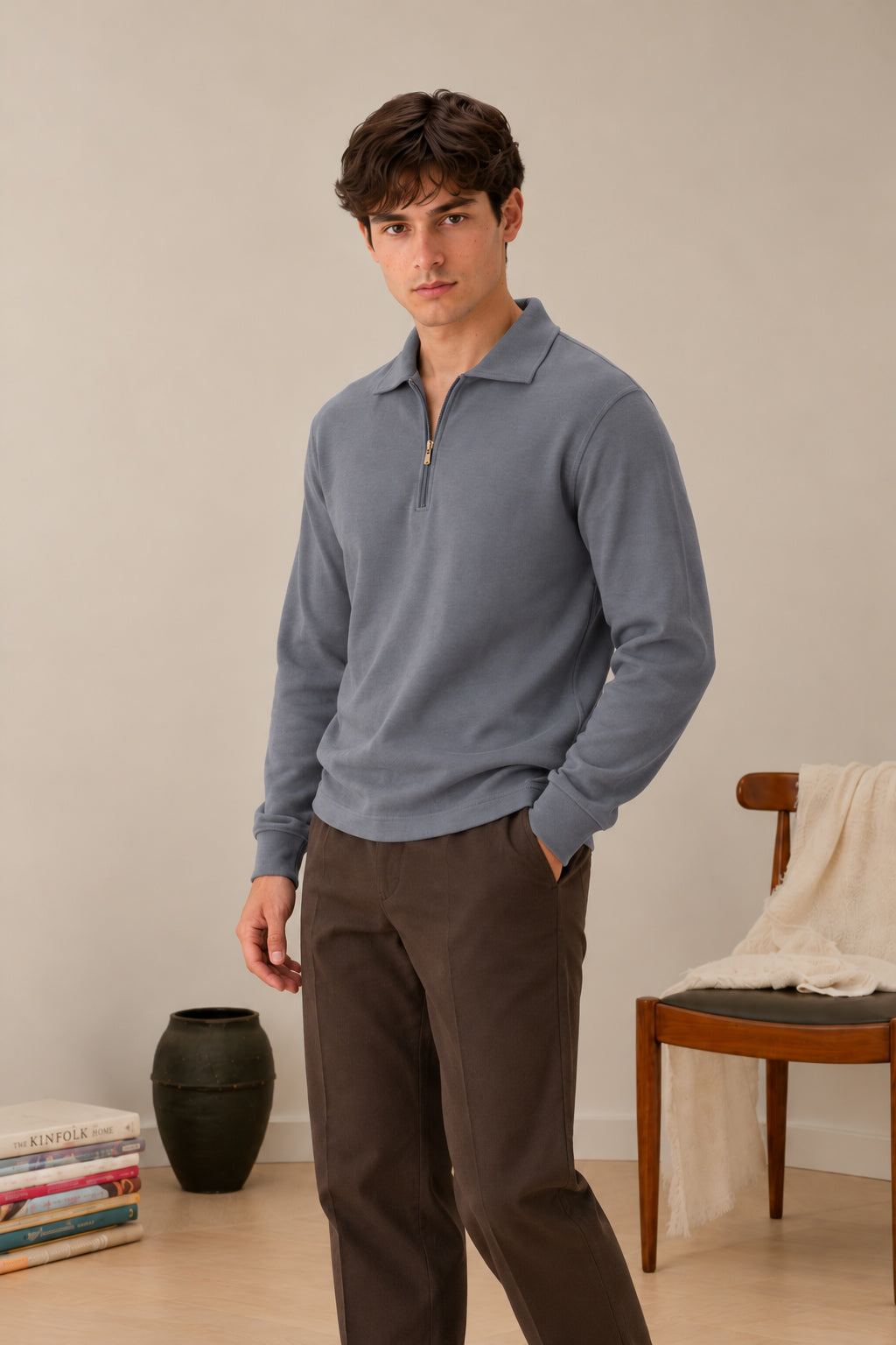 Sapphire Blue Interlock Zip Polo
