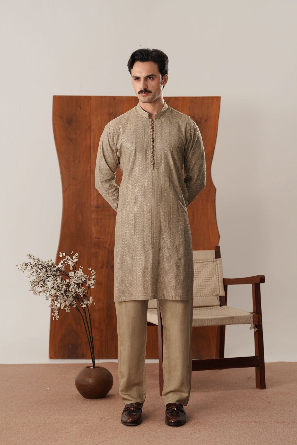 Shauq - Beige Raw Silk Embroidered Kurta Trouser