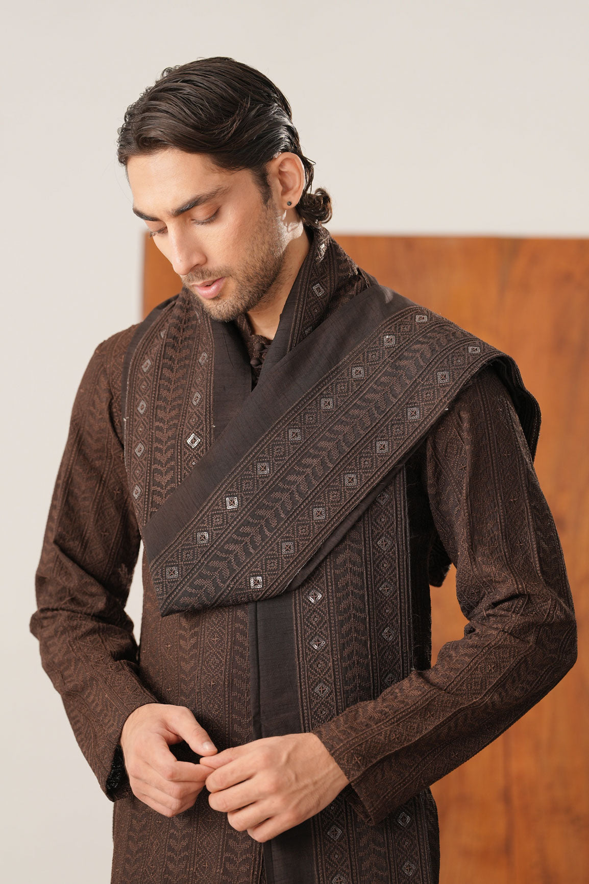 Riwaaj - Brown Raw Silk Embroidered Kurta Trouser