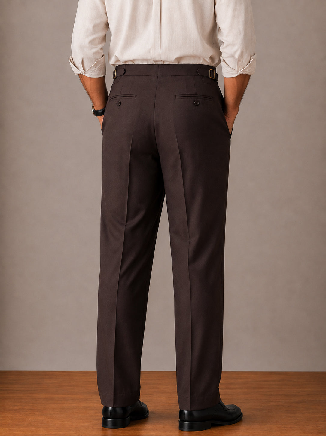 Brown Buckle Waist Double-Pleat Straight Dress Pants