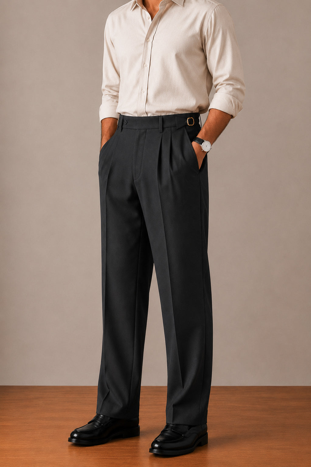 Grey Buckle-Waist Double-Pleat Straight Dress Pants