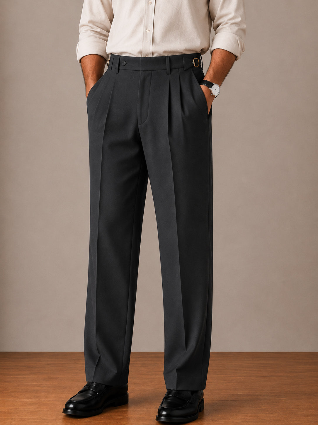 Grey Buckle-Waist Double-Pleat Straight Dress Pants