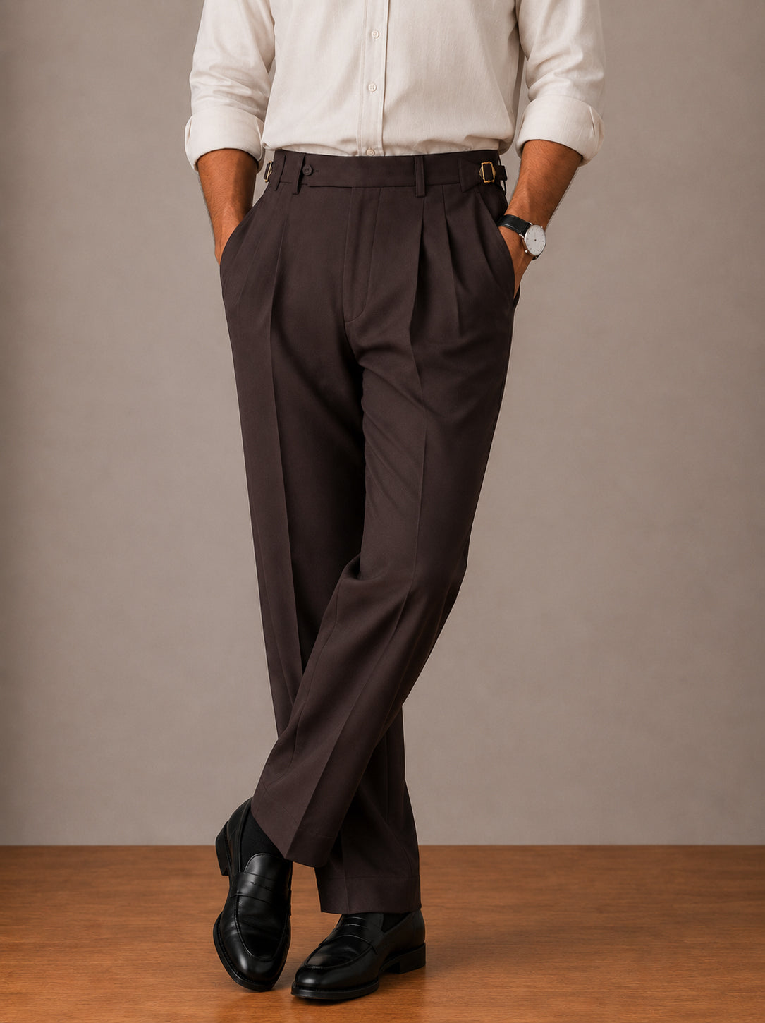 Brown Buckle Waist Double-Pleat Straight Dress Pants