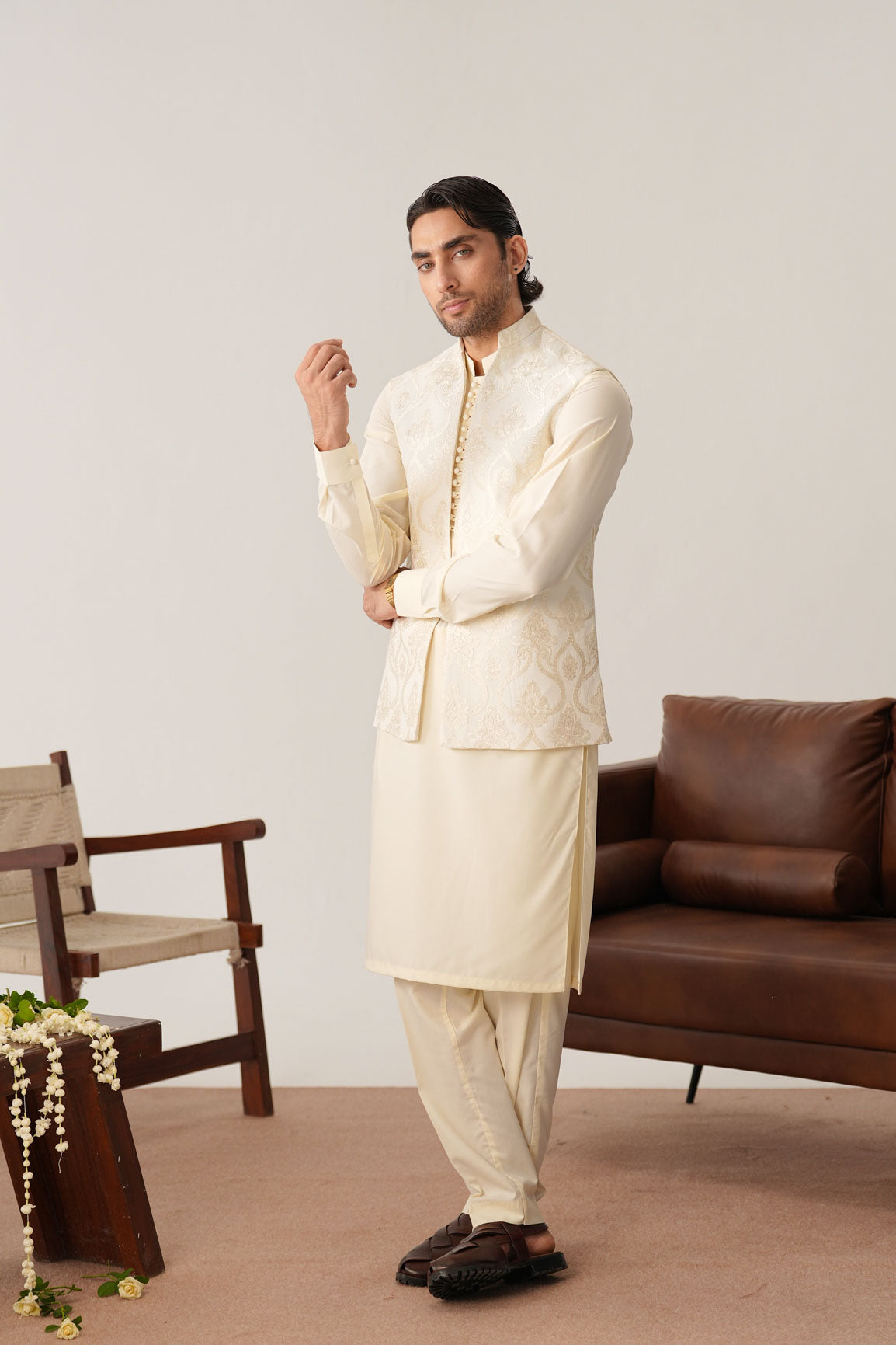 Bosky White Kurta Trouser with Open Embroidered Waistcoat - 3PC