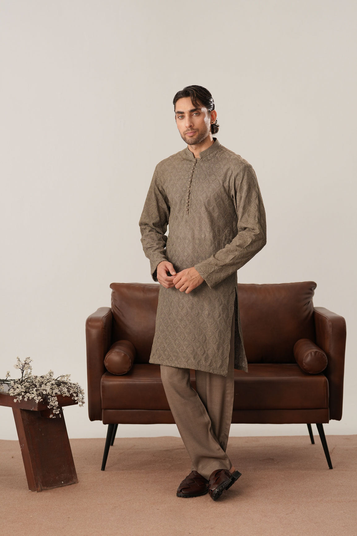 Maahir - Taupe Raw Silk Embroidered Kurta Trouser