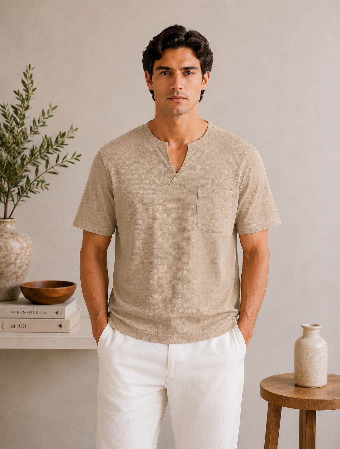 Beige V-neck Henley - Men - Men