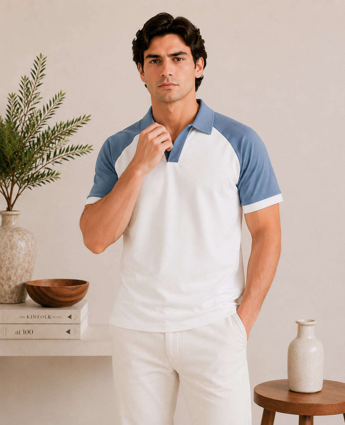 White and Sky Blue Contrast Raglan Polo - Men - Men