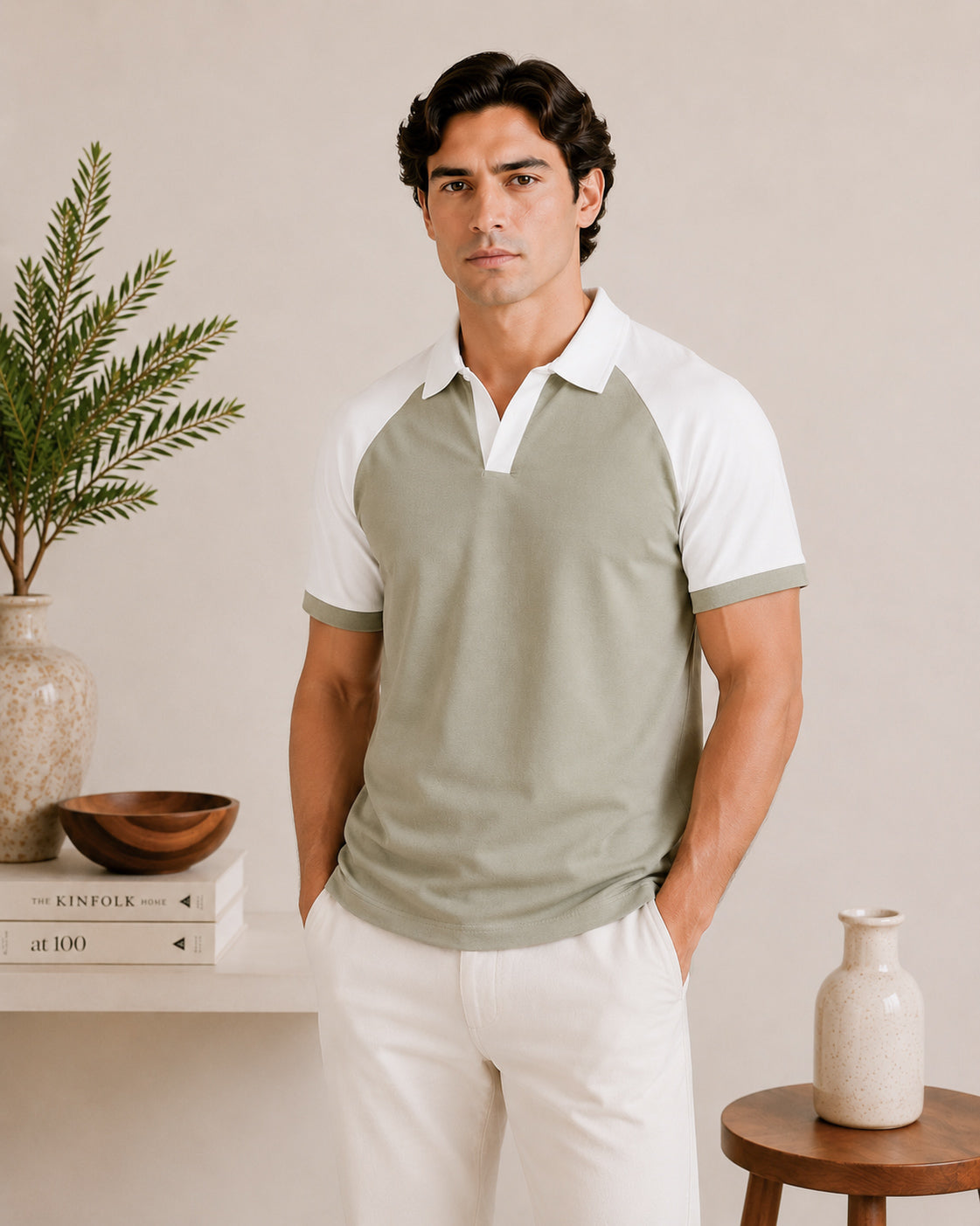 Mint and White Contrast Raglan Polo - Men - Men