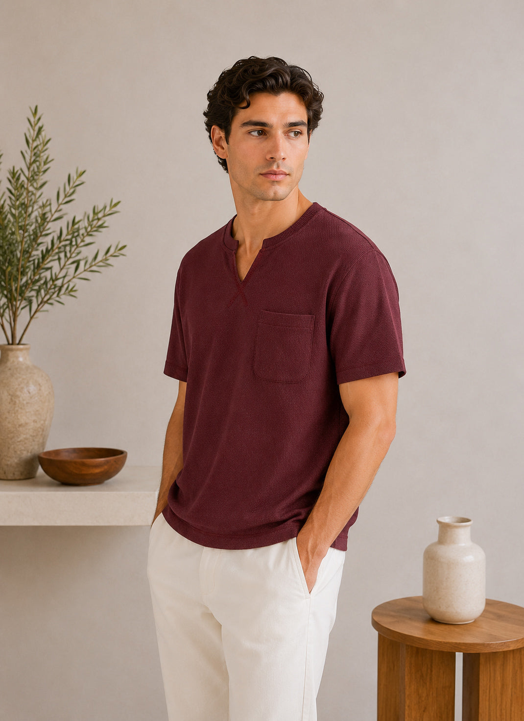 Maroon V-neck Henley - Men - Men