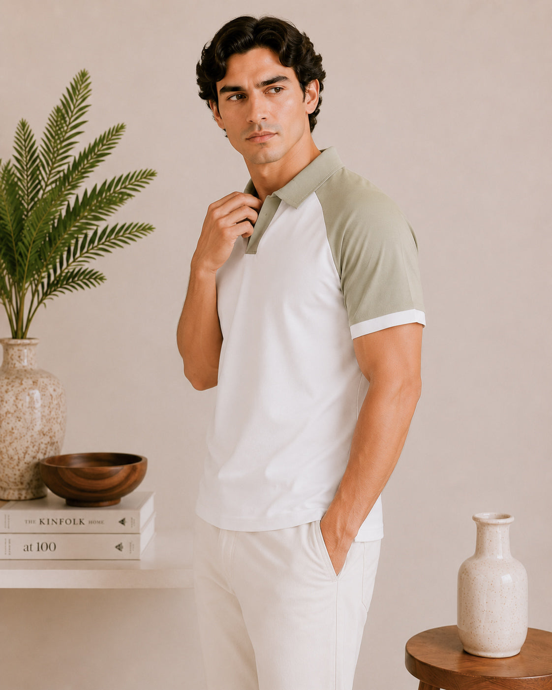 White and Mint Contrast Raglan Polo - Men - Men