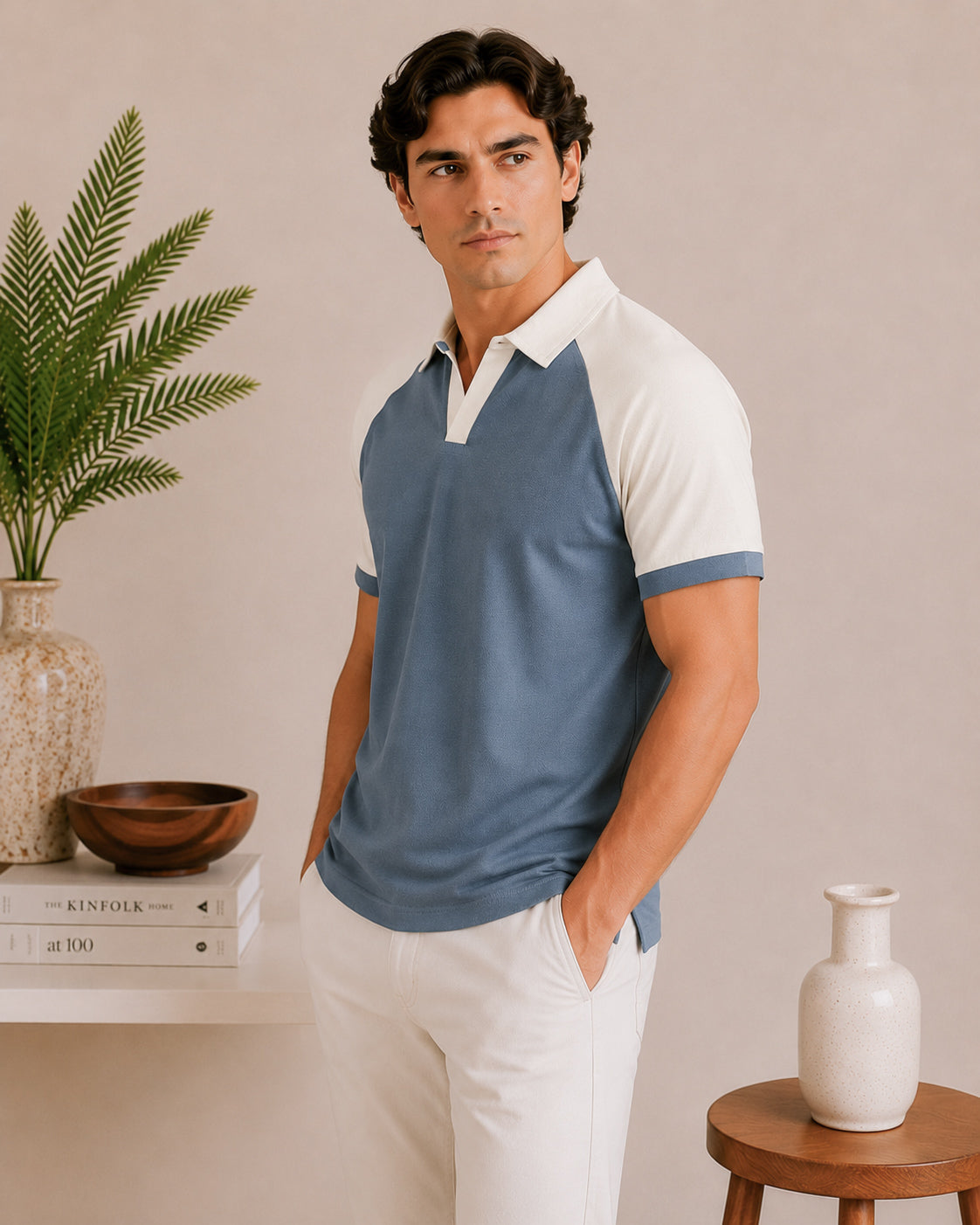 Sky Blue and White Contrast Raglan Polo - Men - Men