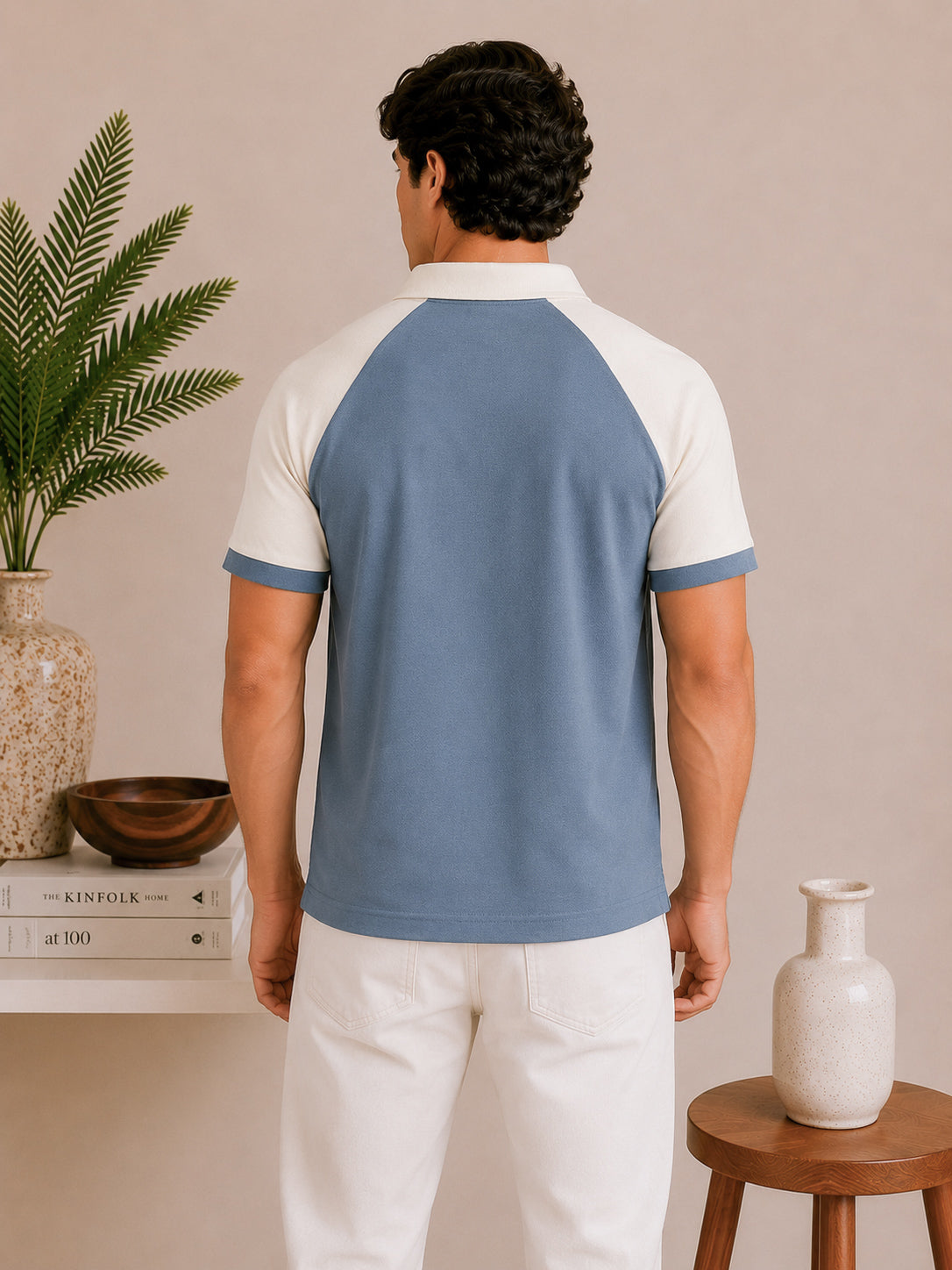 Sky Blue and White Contrast Raglan Polo - Men - Men