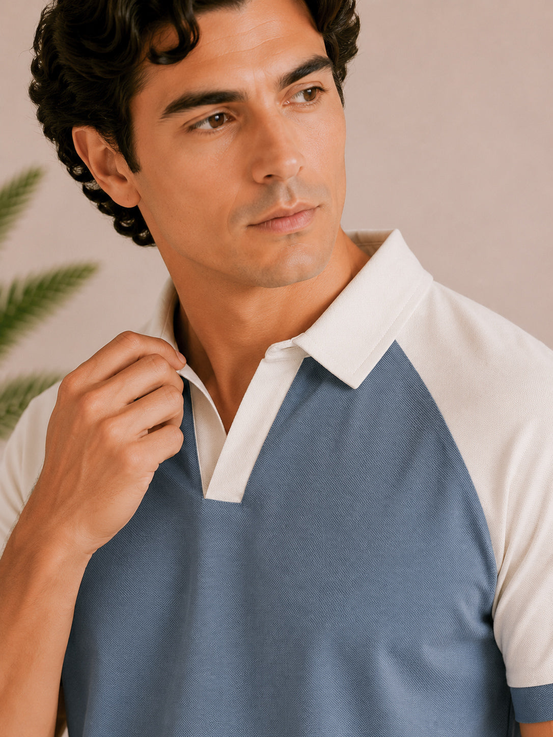 Sky Blue and White Contrast Raglan Polo - Men - Men