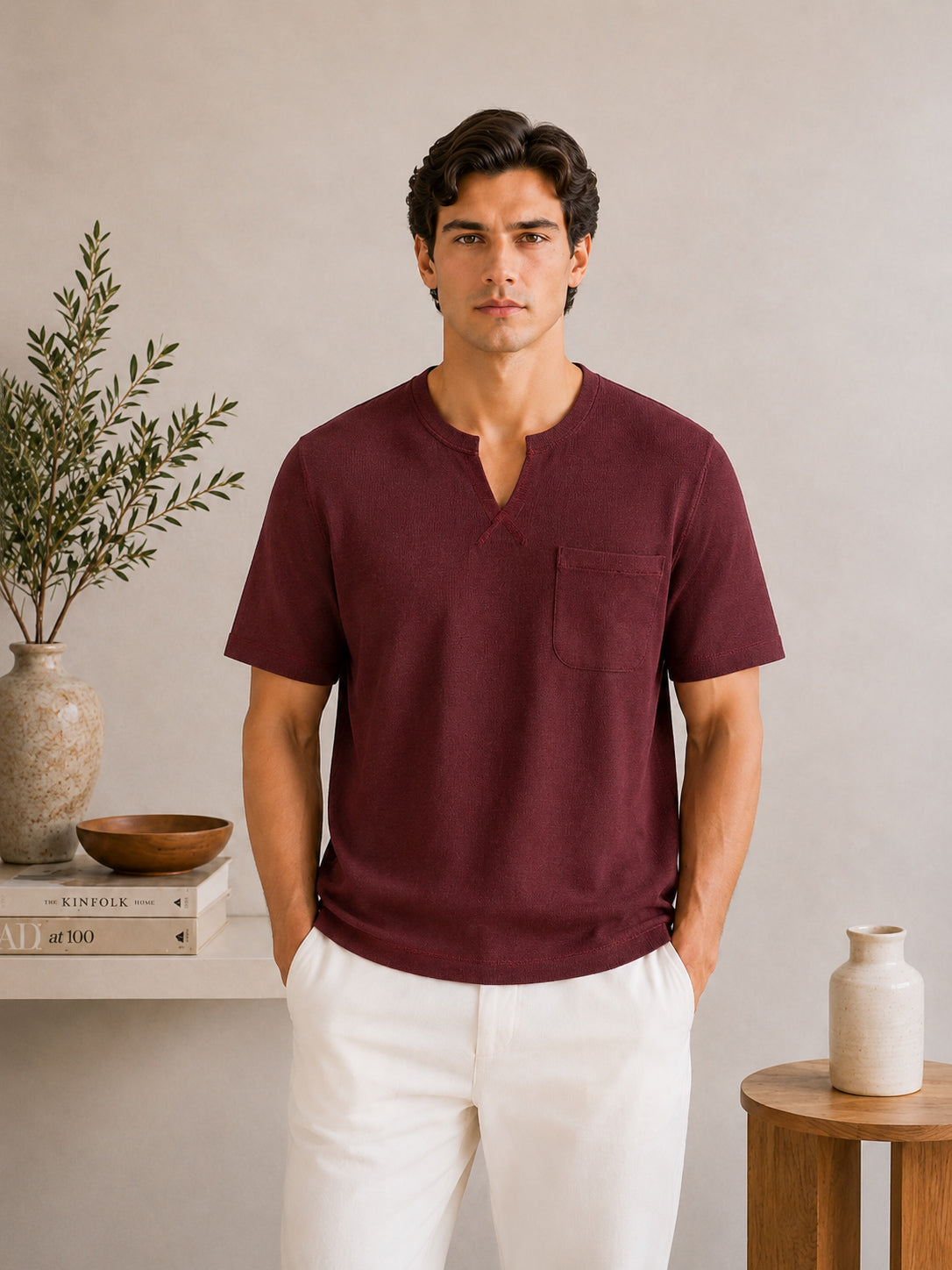 Maroon V-neck Henley - Men - Men