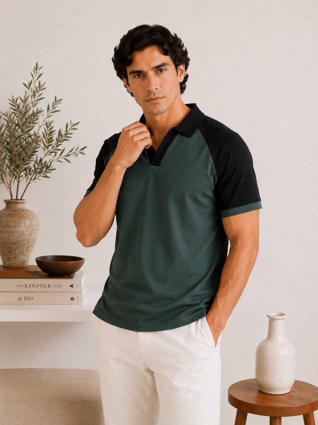 Green & Black Contrast Raglan Polo - Men - Men