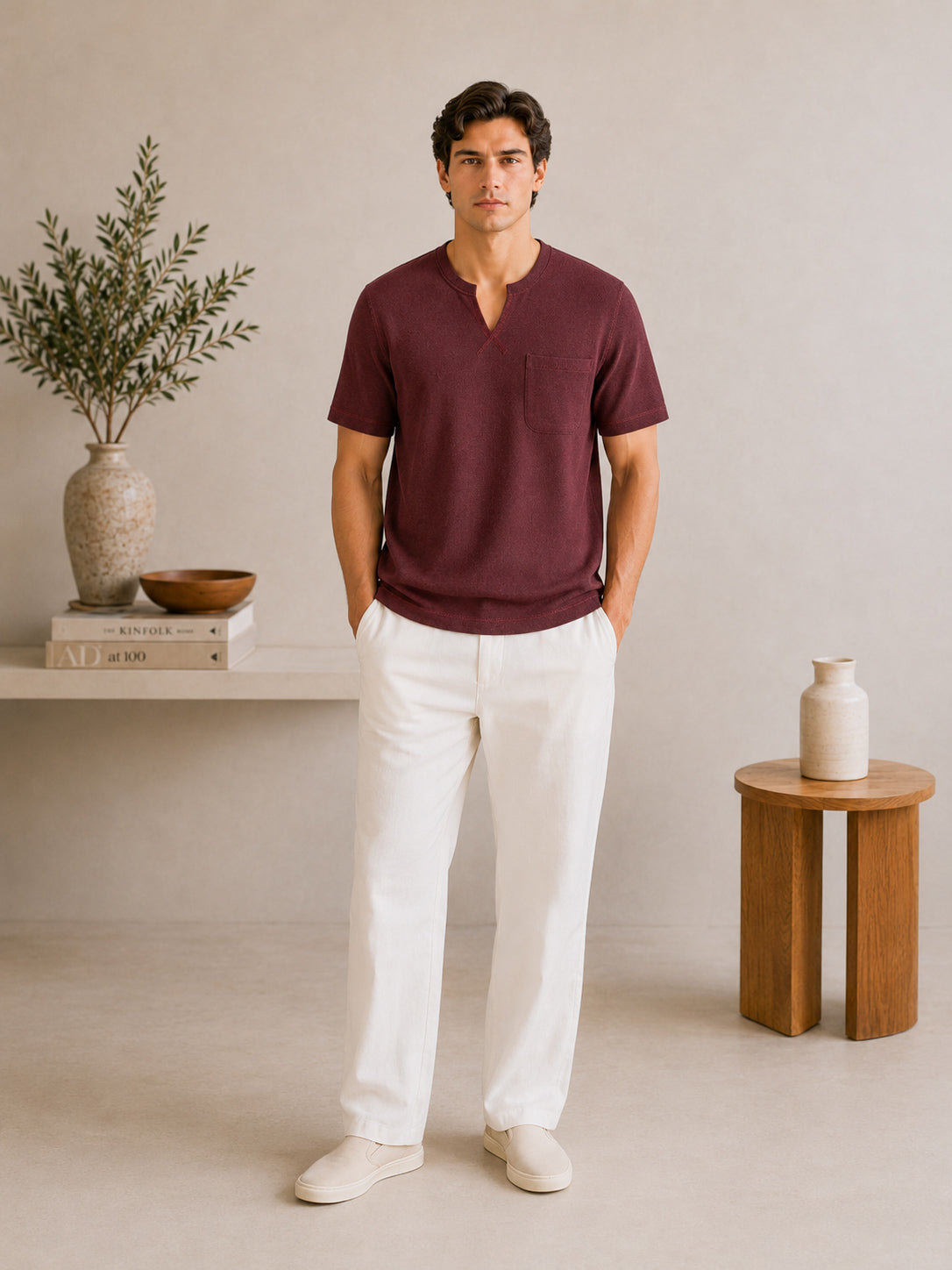 Maroon V-neck Henley - Men - Men