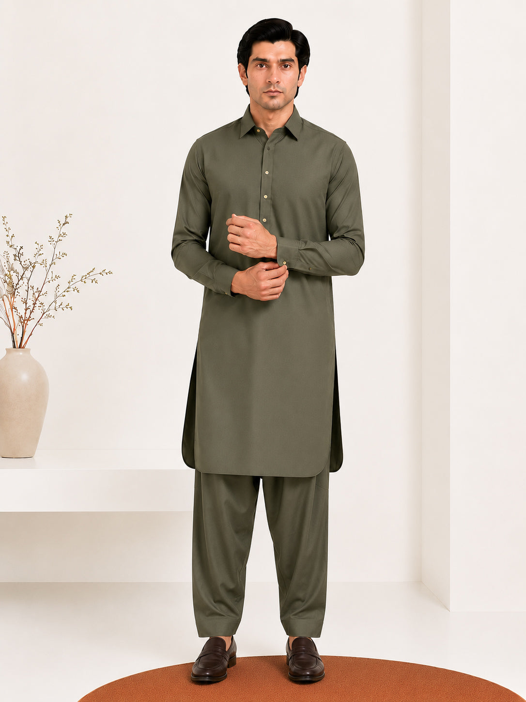 Olive Green French Collar Kameez Shalwar - Men - Men