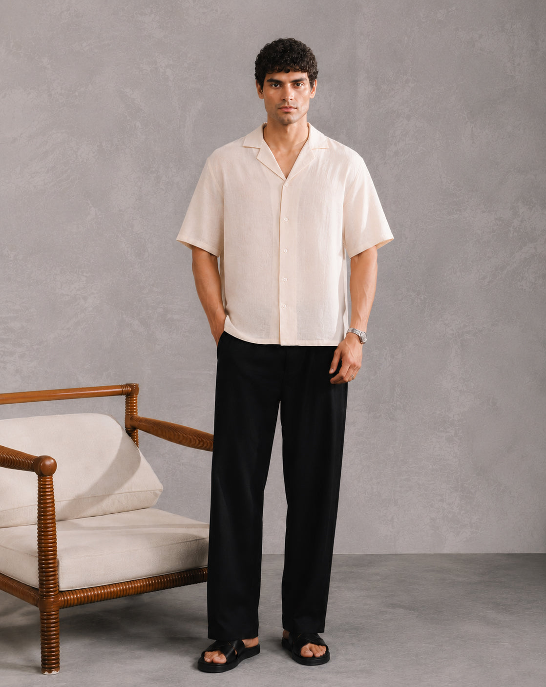 Off white Linen Blended Boxy Shirt - Men