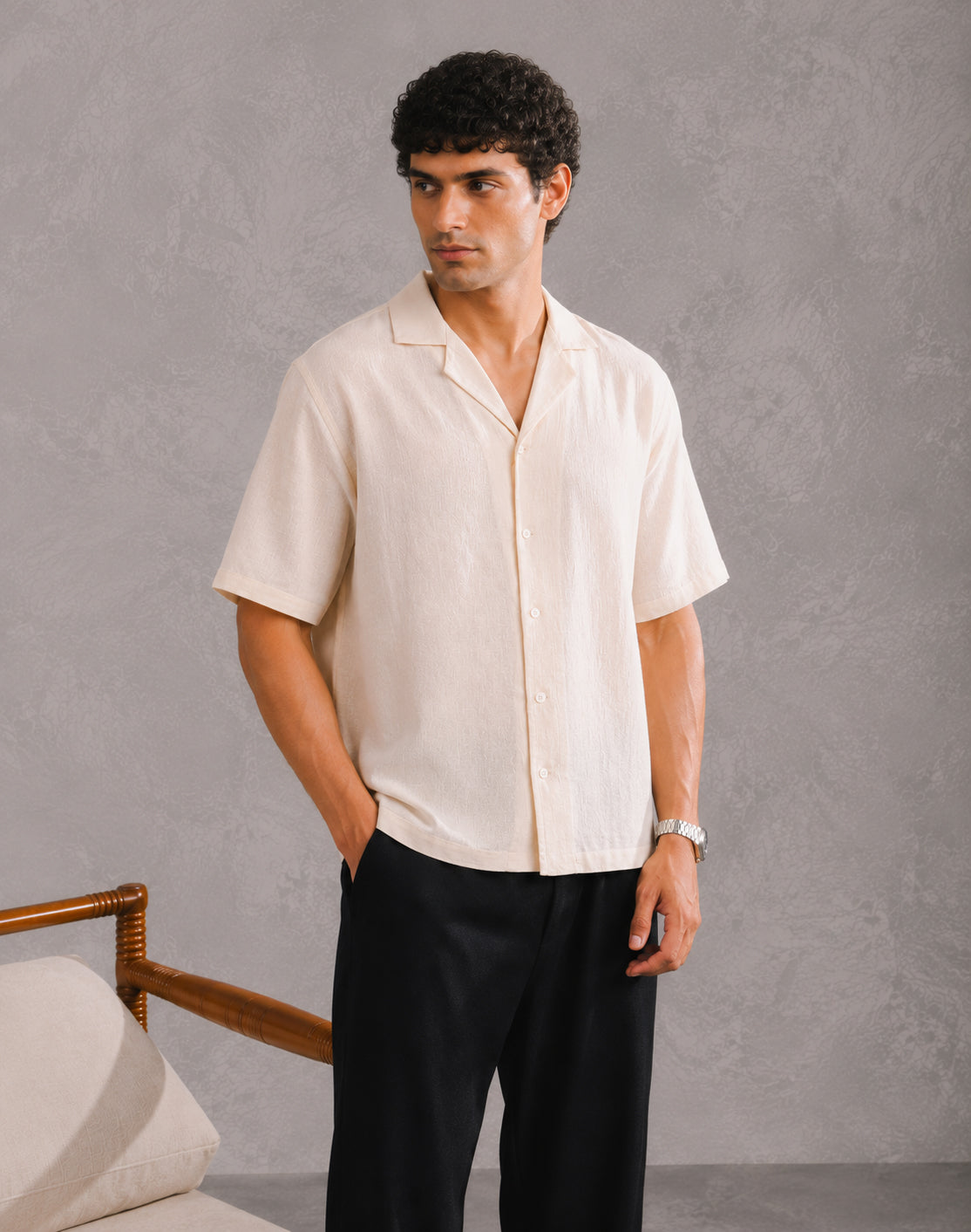 Off white Linen Blended Boxy Shirt - Men