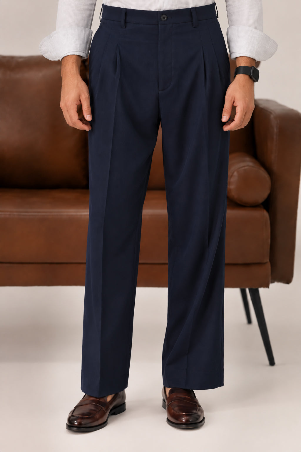 Navy Elasticated Double-Pleat Relaxed Dress Pants