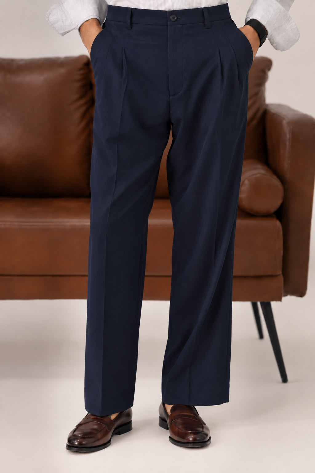 Navy Elasticated Double-Pleat Relaxed Dress Pants