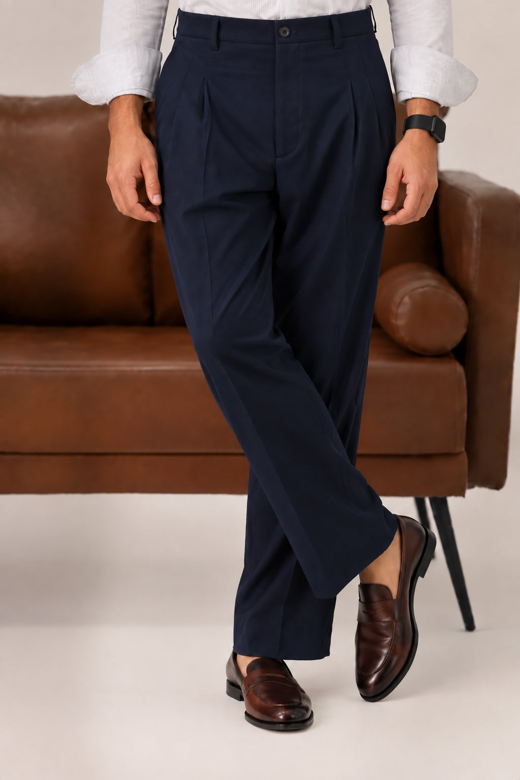 Navy Elasticated Double-Pleat Relaxed Dress Pants