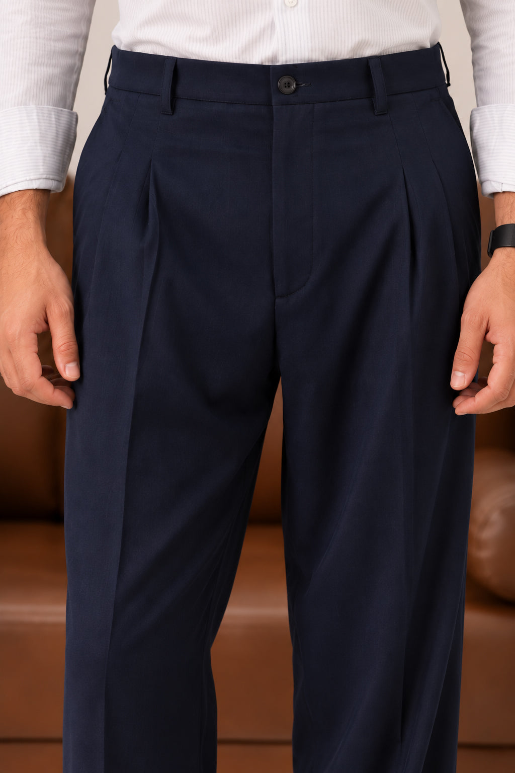 Navy Elasticated Double-Pleat Relaxed Dress Pants