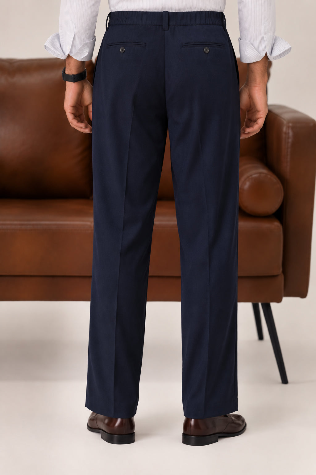 Navy Elasticated Double-Pleat Relaxed Dress Pants