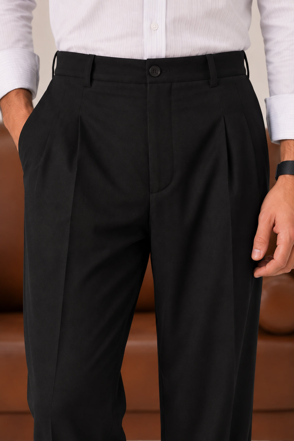 Black Elasticated Double-Pleat Relaxed Dress Pants