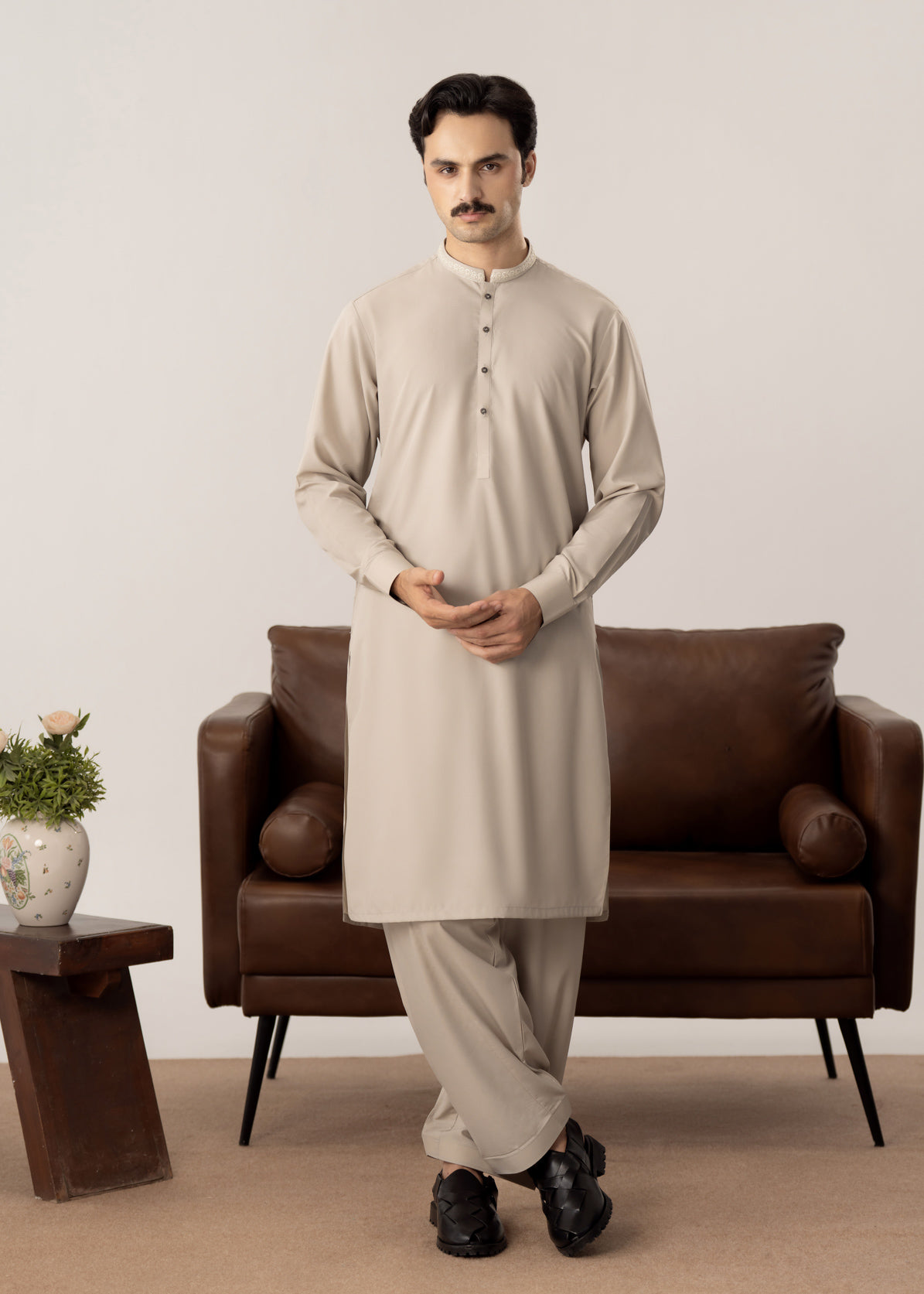 Formal Ash Beige Kurta Shalwar - Collar Neck Embroidered - Men