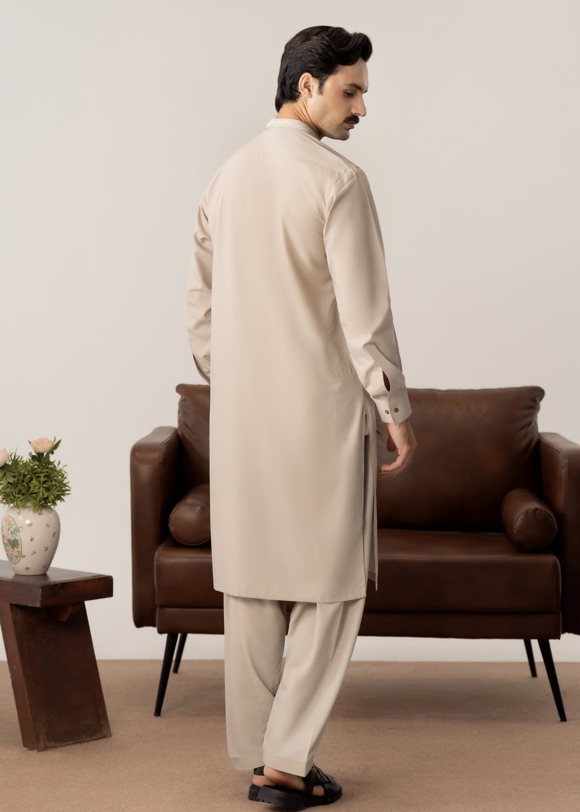 Formal Ash Beige Kurta Shalwar - Collar Neck Embroidered - Men