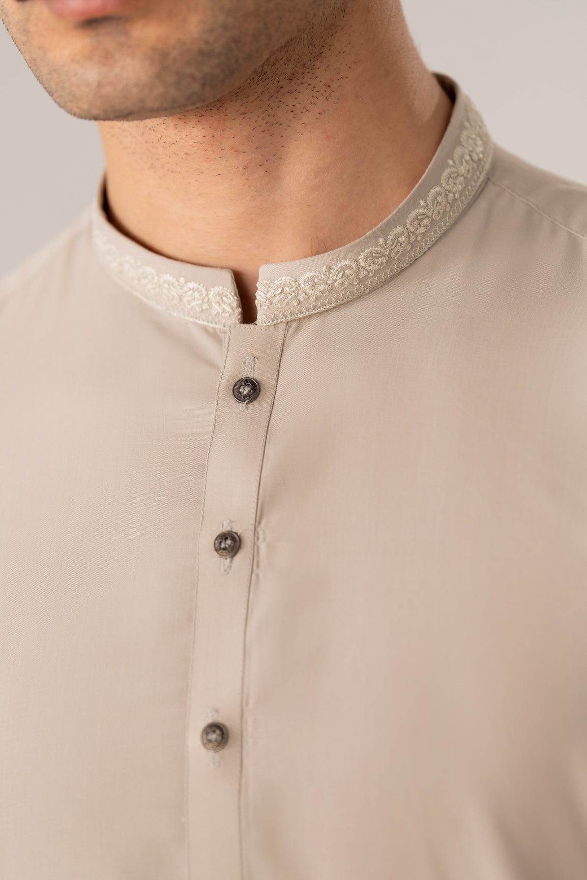 Formal Ash Beige Kurta Shalwar - Collar Neck Embroidered - Men