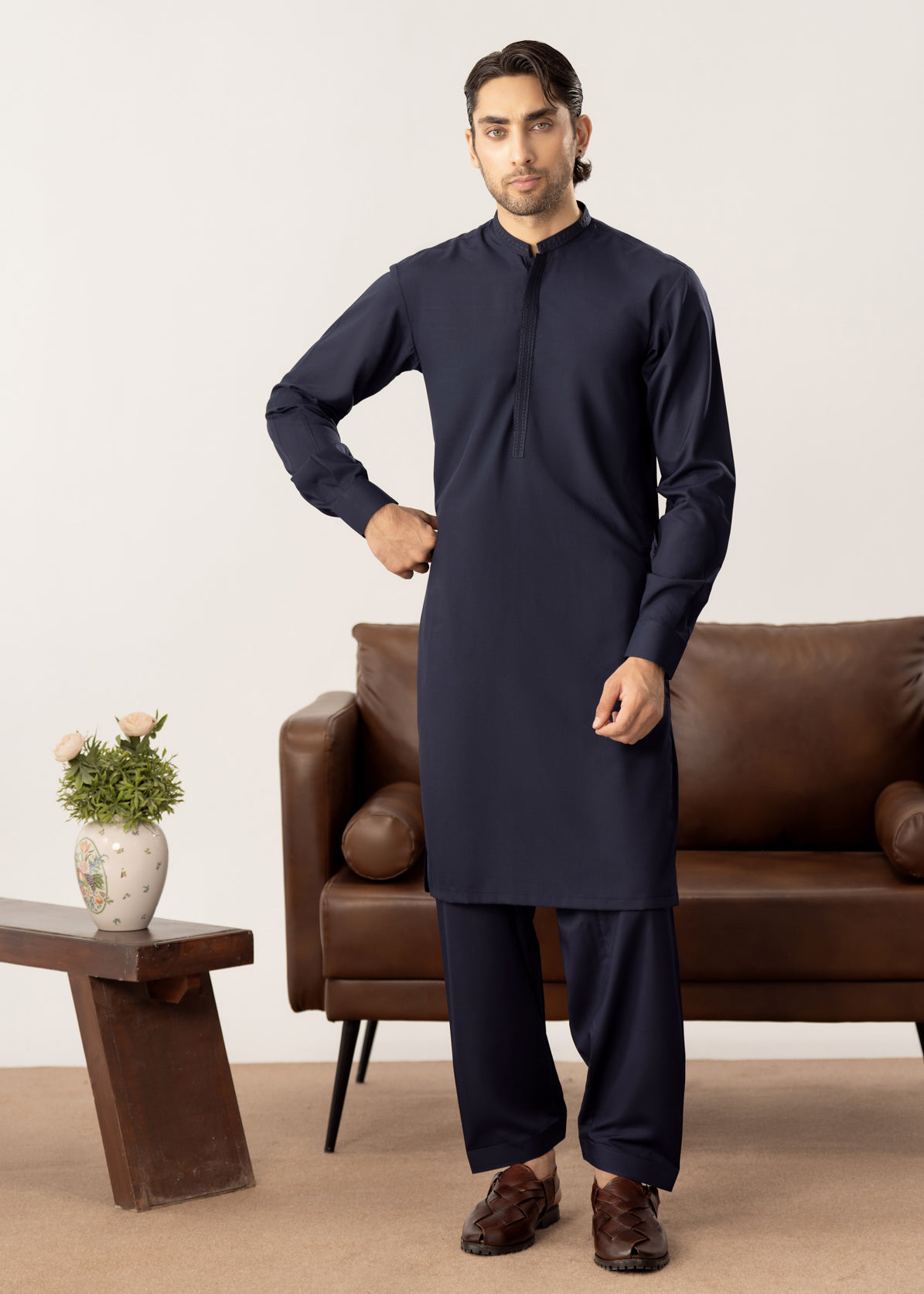 Formal Navy Blue Kurta Shalwar - Collar Neck Embroidered - Men