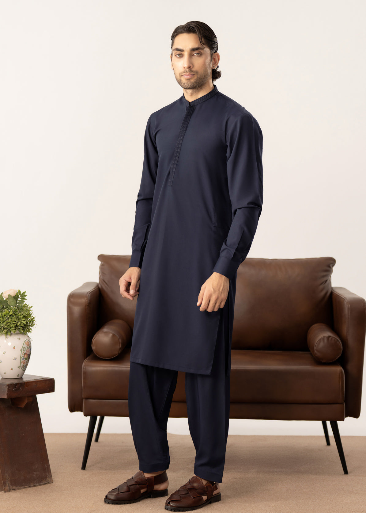 Formal Navy Blue Kurta Shalwar - Collar Neck Embroidered - Men