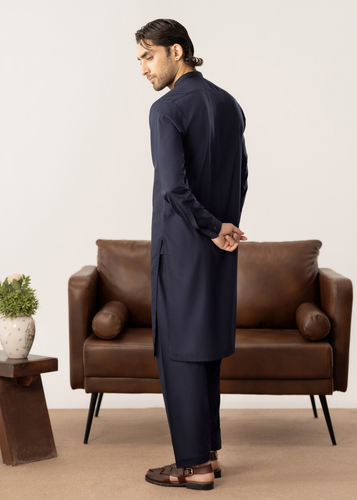 Formal Navy Blue Kurta Shalwar - Collar Neck Embroidered - Men