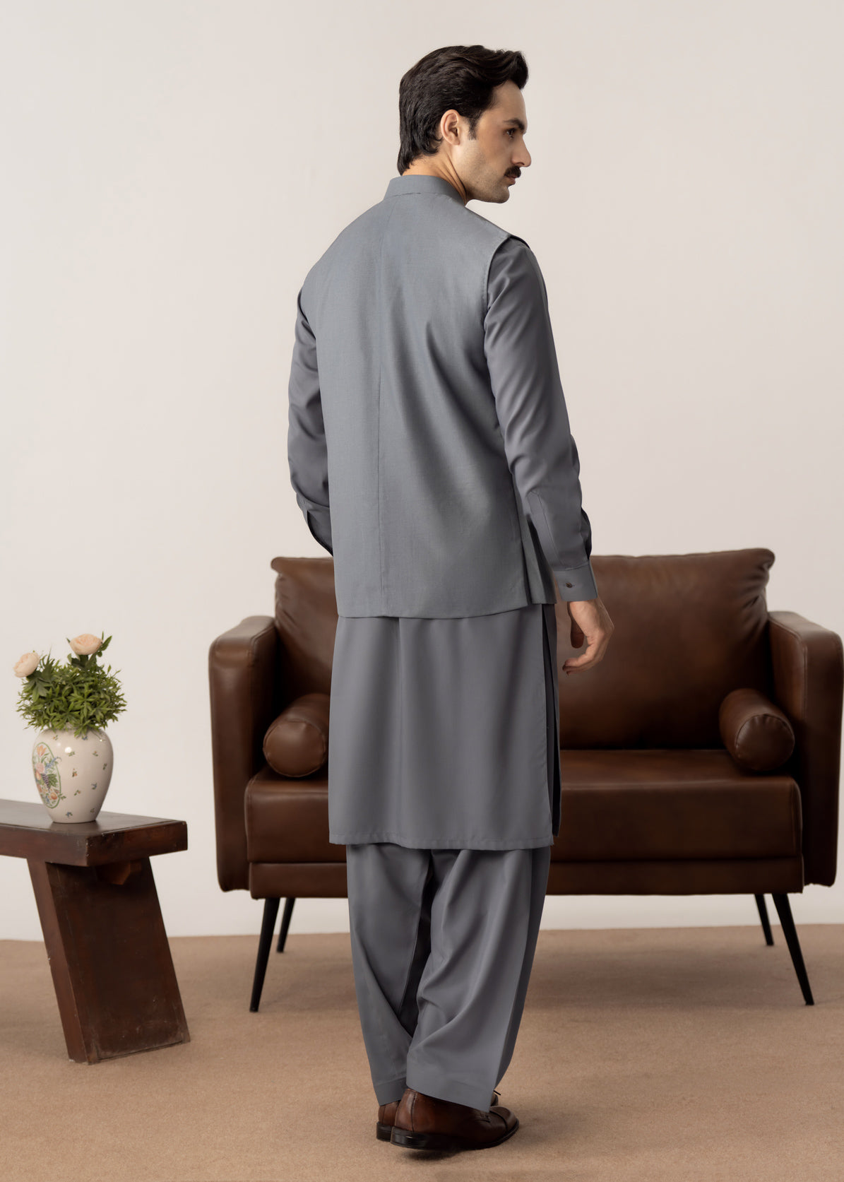 Bluish Grey Kurta Shalwar with Pick-Stitch Matching Waistcoat - Men - Men