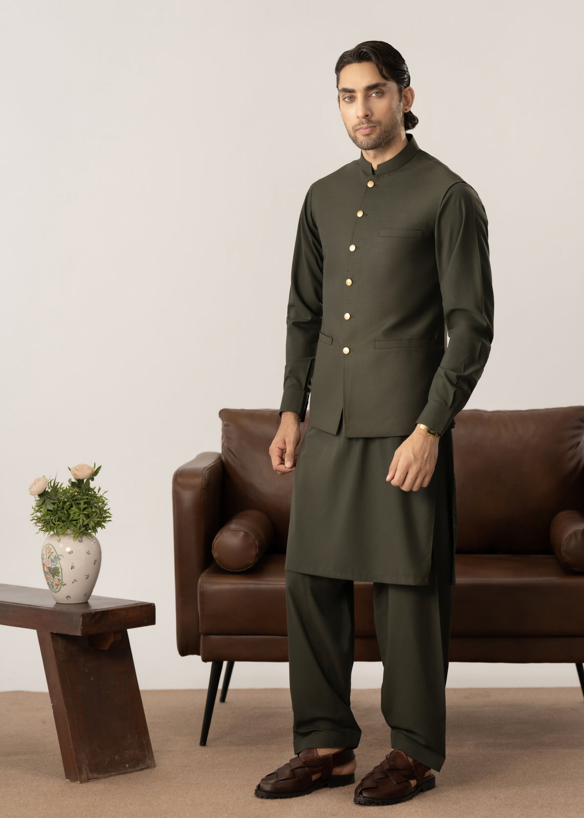 Army Green Kurta Shalwar with Pick-Stitch Matching Waistcoat - Men - Men