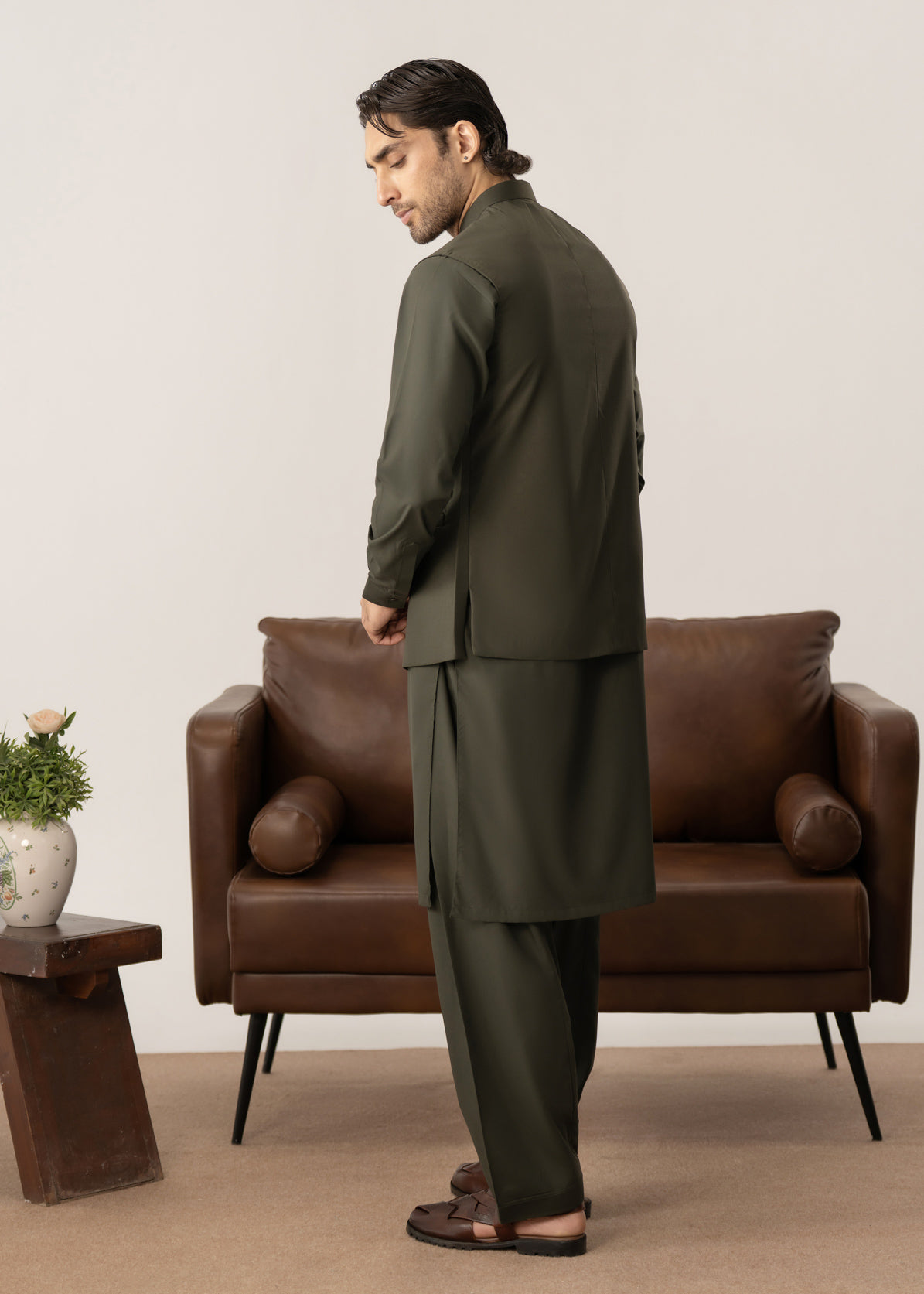 Army Green Kurta Shalwar with Pick-Stitch Matching Waistcoat - Men - Men