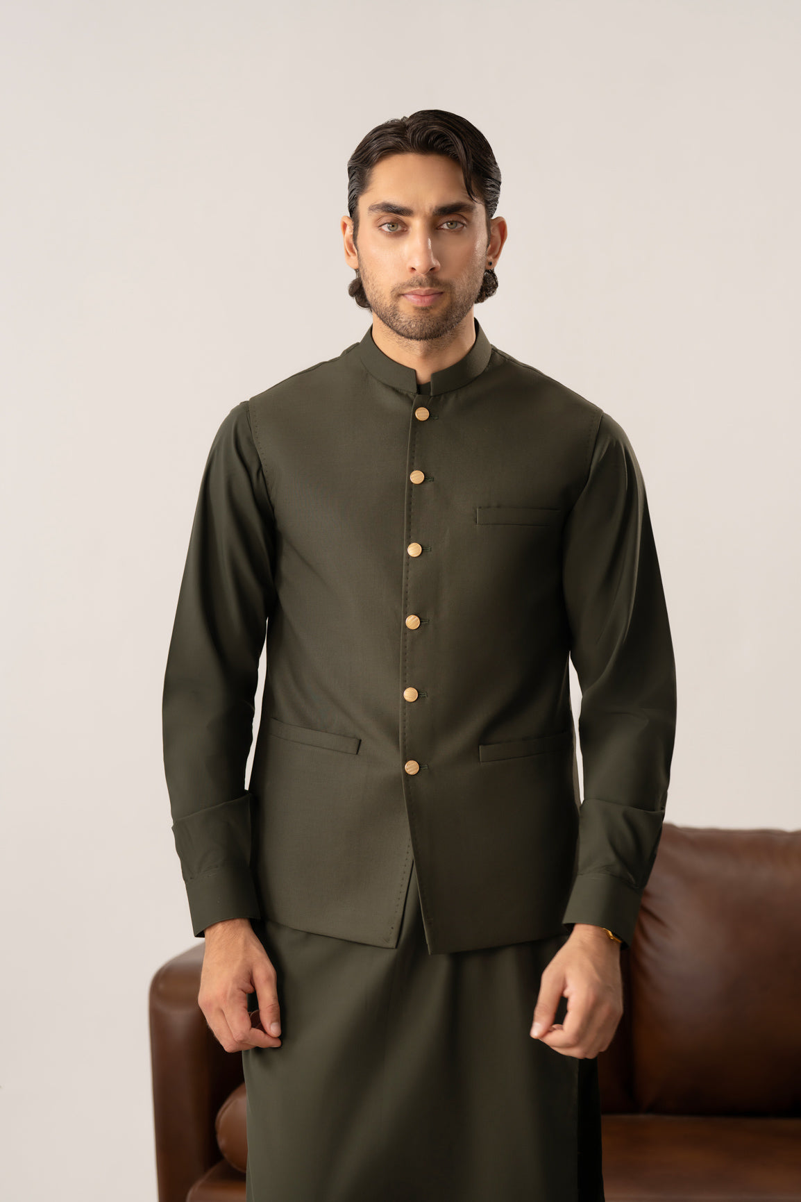 Army Green Kurta Shalwar with Pick-Stitch Matching Waistcoat - Men - Men