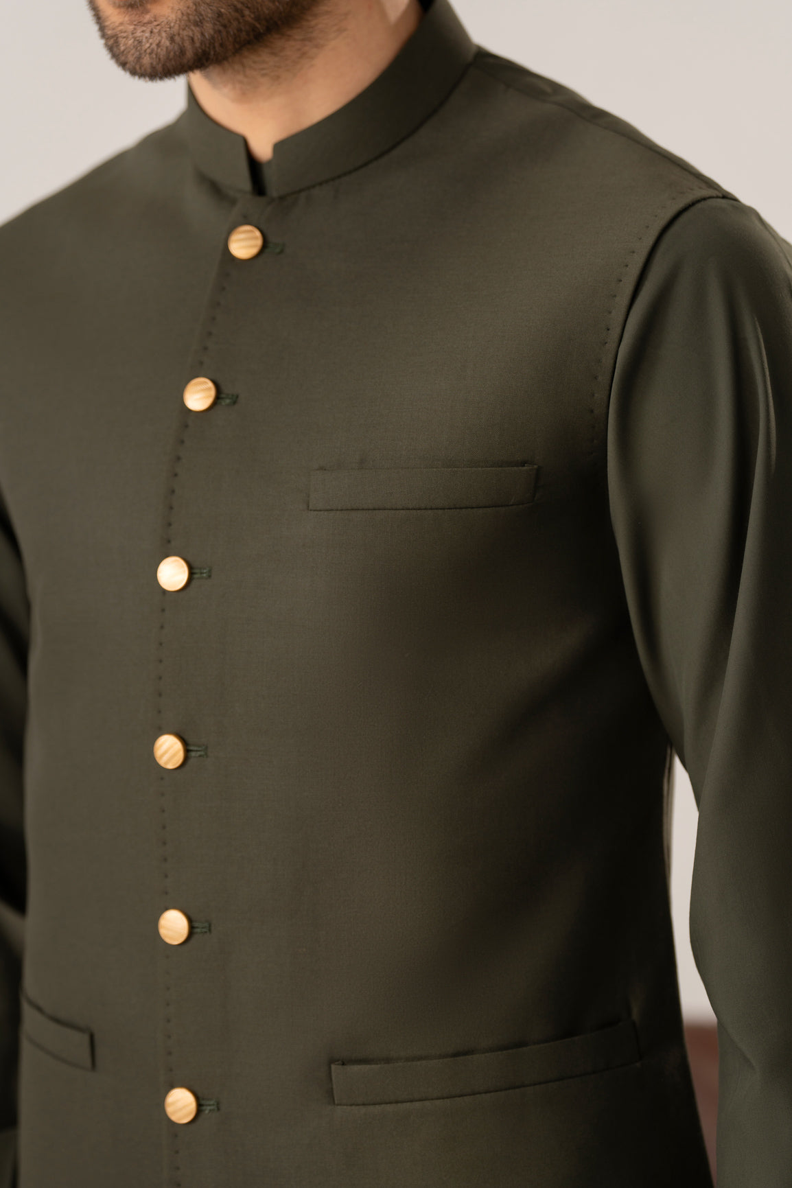 Army Green Kurta Shalwar with Pick-Stitch Matching Waistcoat - Men - Men