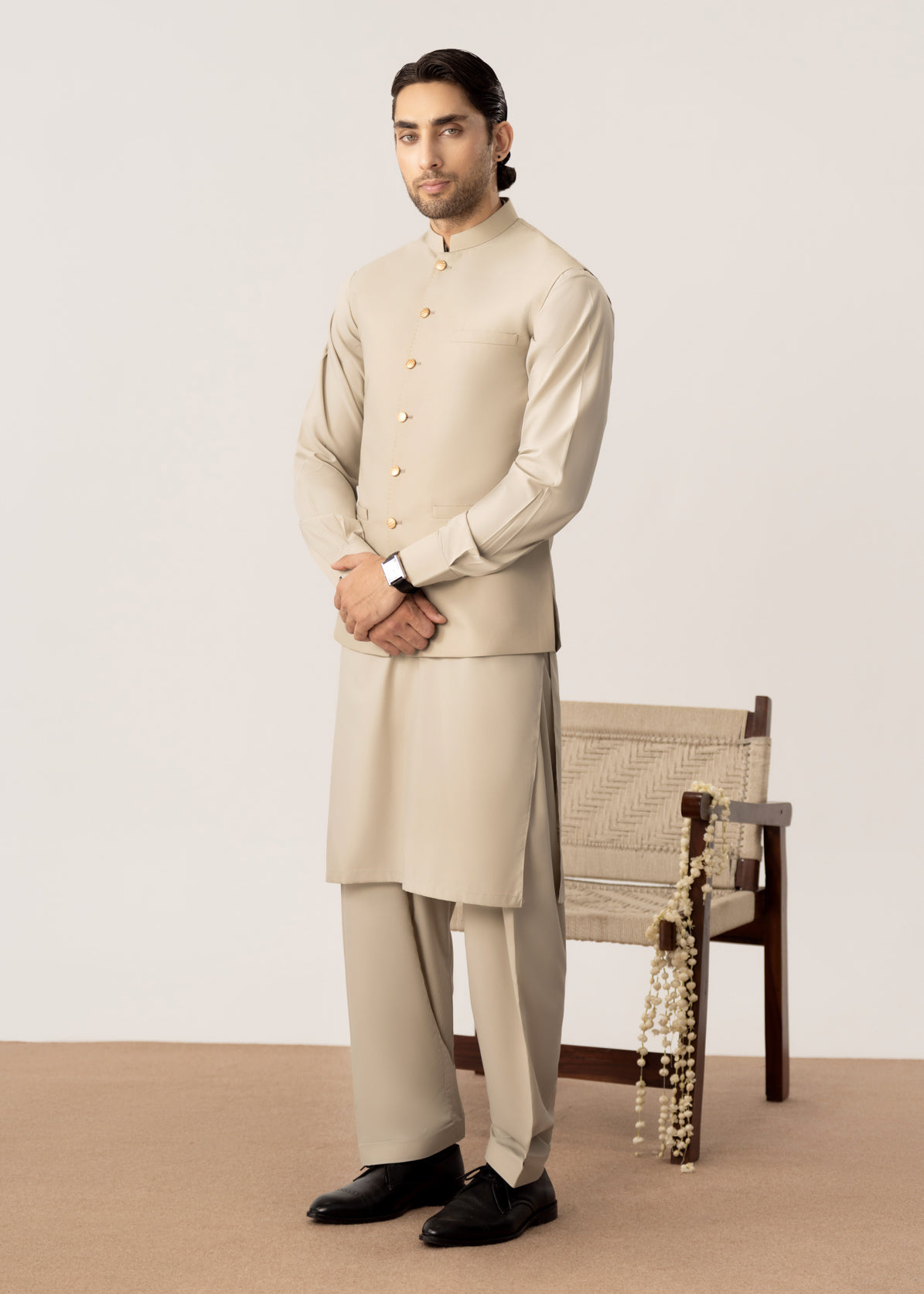 Light Beige Kurta Shalwar with Pick-Stitch Matching Waistcoat - Men - Men