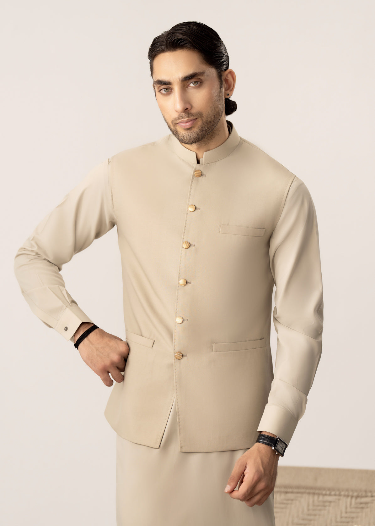 Light Beige Kurta Shalwar with Pick-Stitch Matching Waistcoat - Men - Men