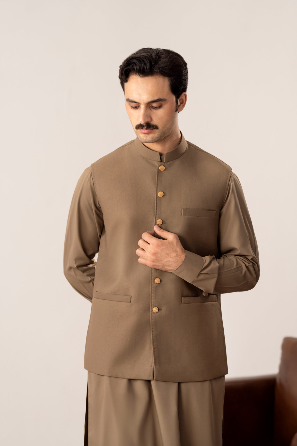 Stone Brown Kurta Shalwar with Pick-Stitch Matching Waistcoat - Men - Men