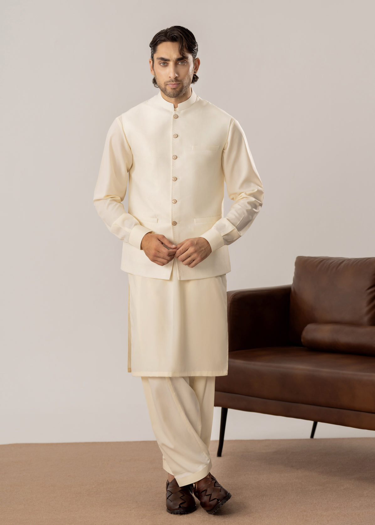 Bosky White Kurta Shalwar with Pick-Stitch Matching Waistcoat - Men - Men