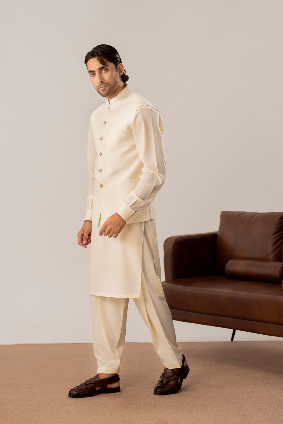 Bosky White Kurta Shalwar with Pick-Stitch Matching Waistcoat - Men - Men