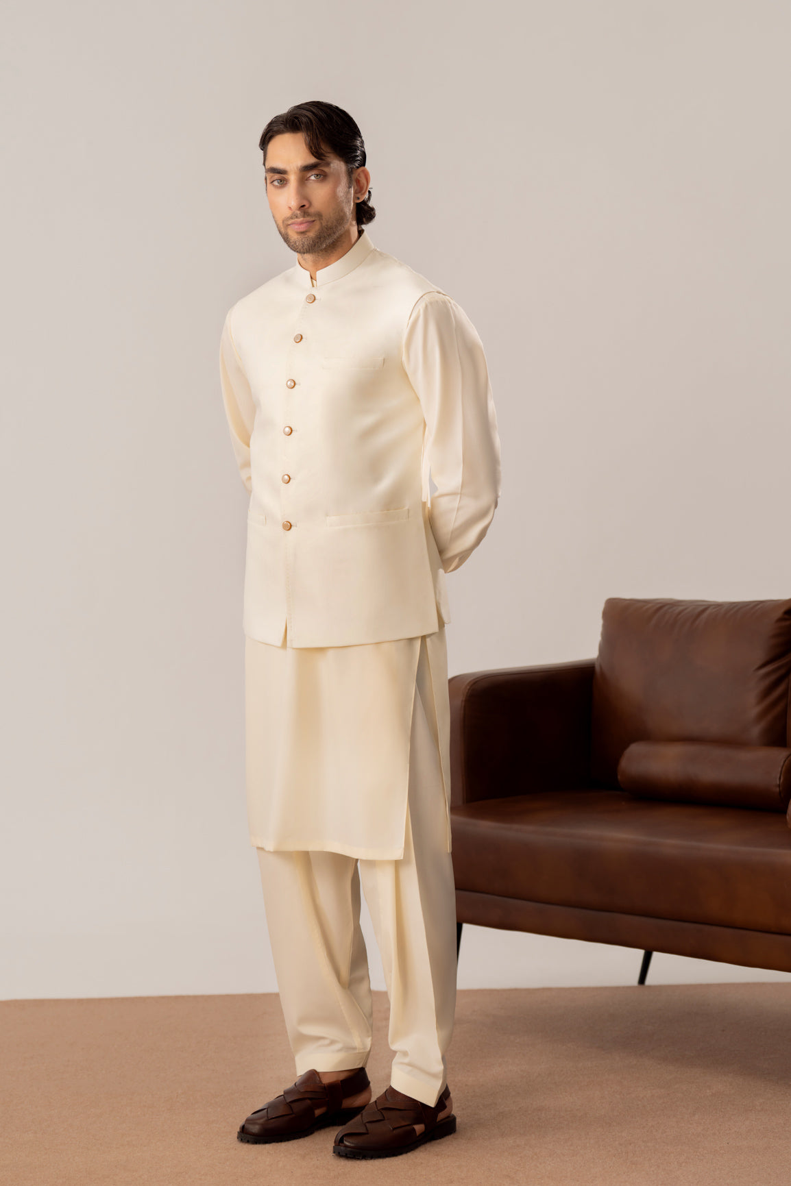Bosky White Kurta Shalwar with Pick-Stitch Matching Waistcoat - Men - Men