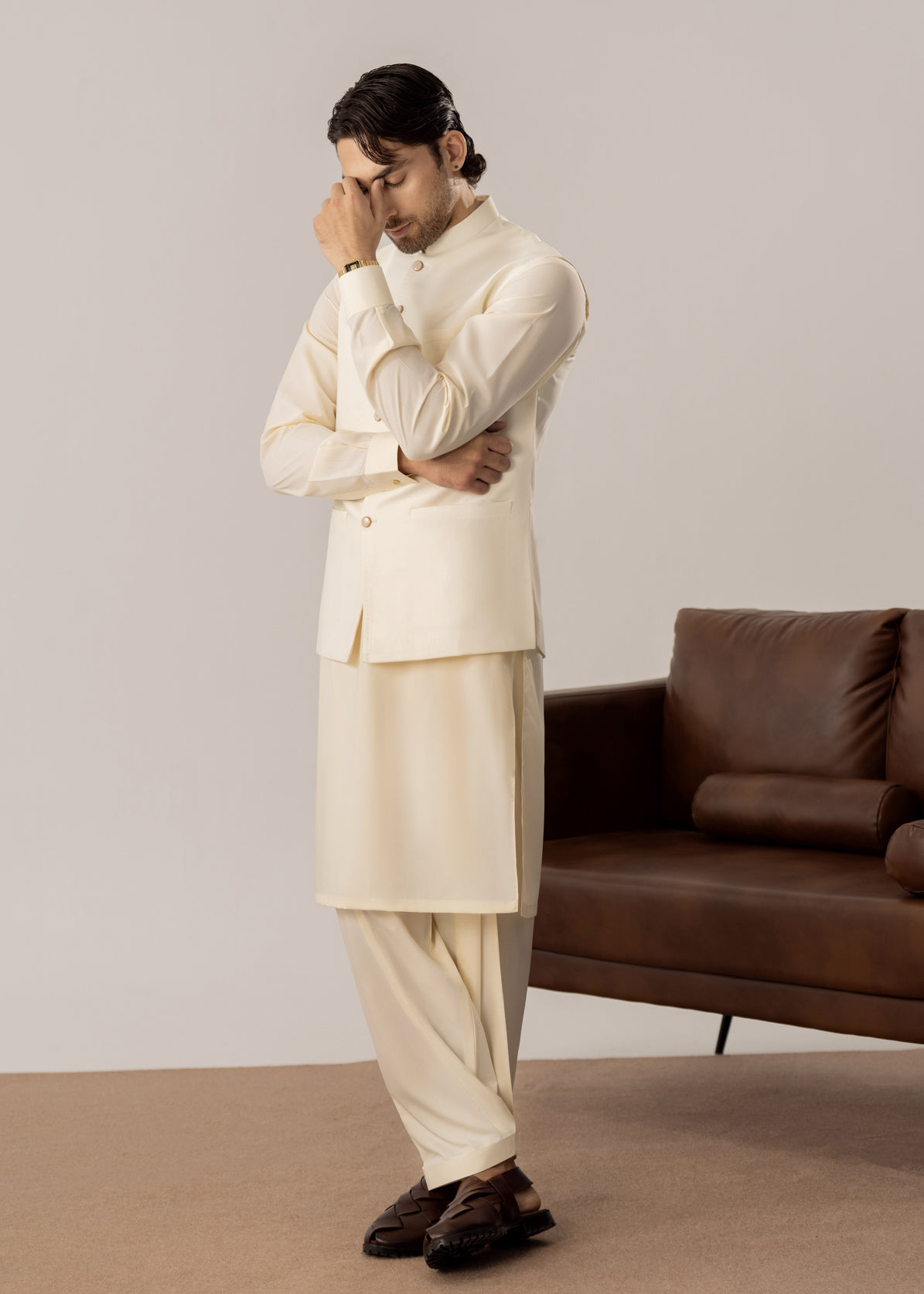 Bosky White Kurta Shalwar with Pick-Stitch Matching Waistcoat - Men - Men