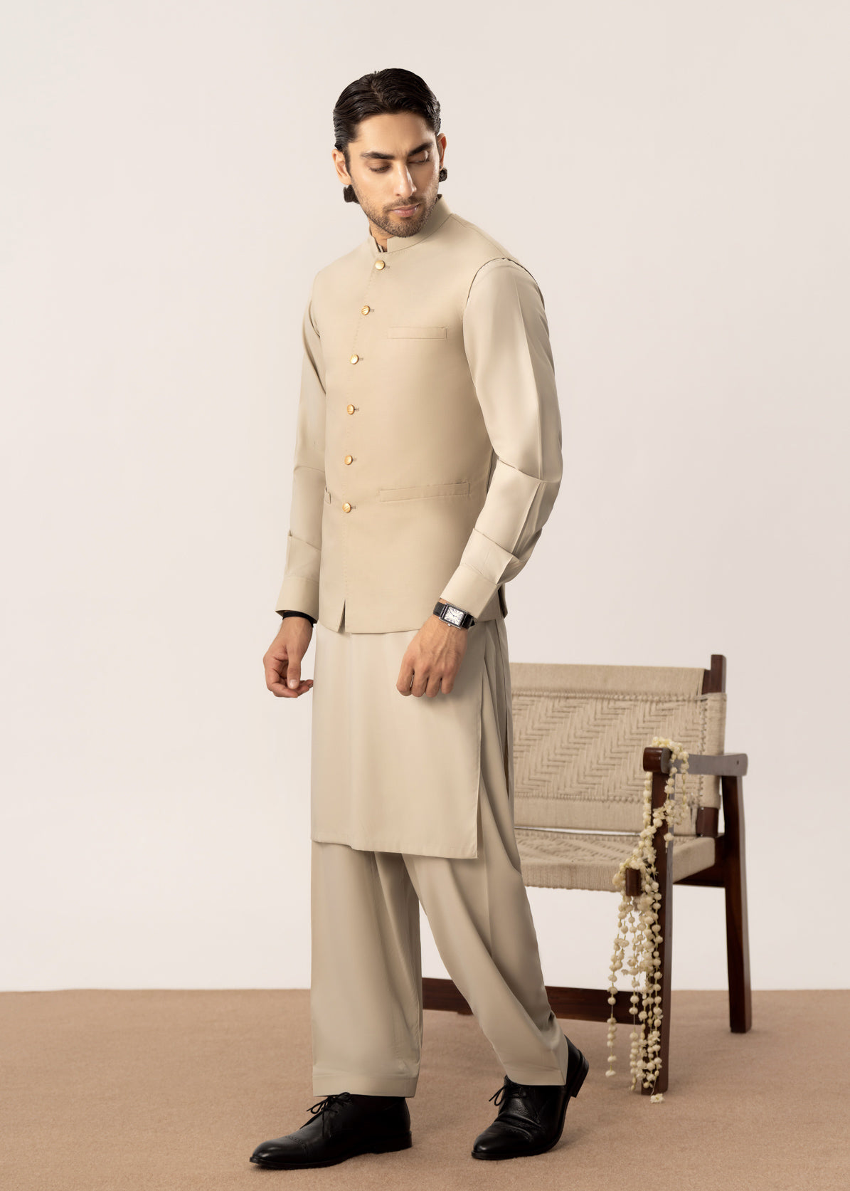 Light Beige Kurta Shalwar with Pick-Stitch Matching Waistcoat - Men - Men